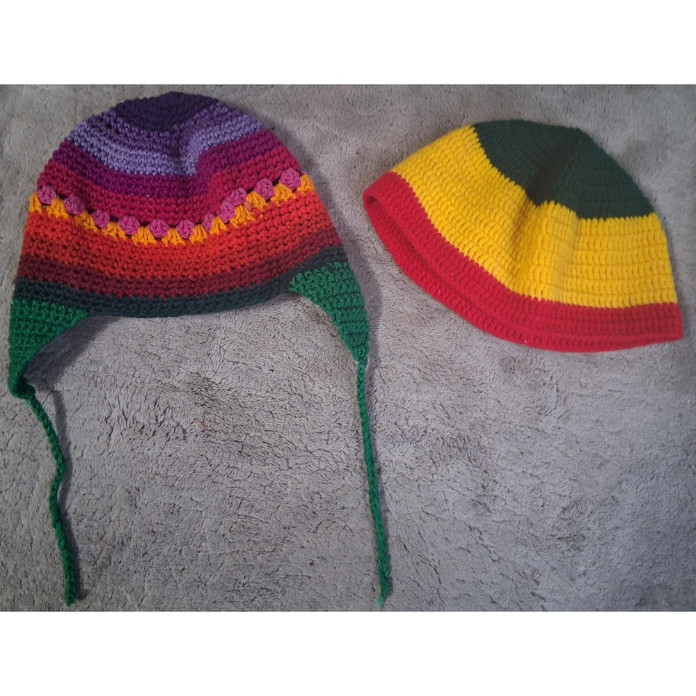 Lot of 2 Baby Crochet Hats Bundle Rasta Beanie and Rainbow Earflap Pixie Cap